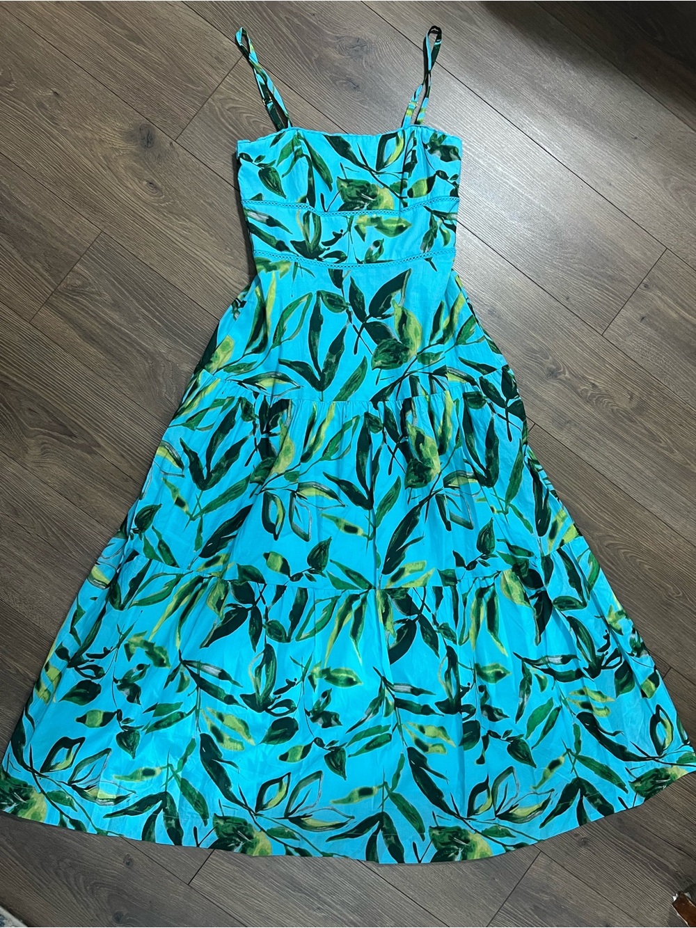 Taylor Aqua Tropical Leaf Smocked Tiered Sundress NWT Size 2 XS - Picture 2 of 8